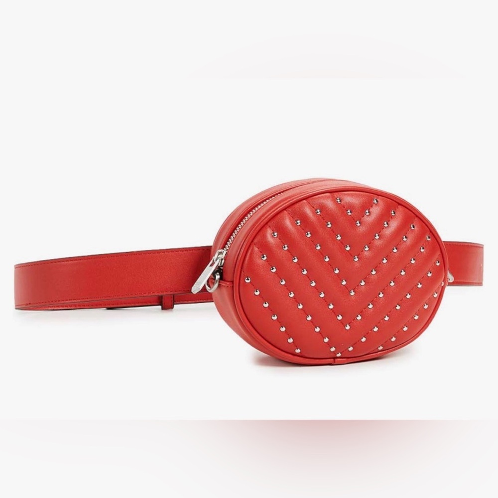 Sam Edelman Bold Red Faux Leather  Quilted Studded Oval Mini Belt/Crossbody Bag